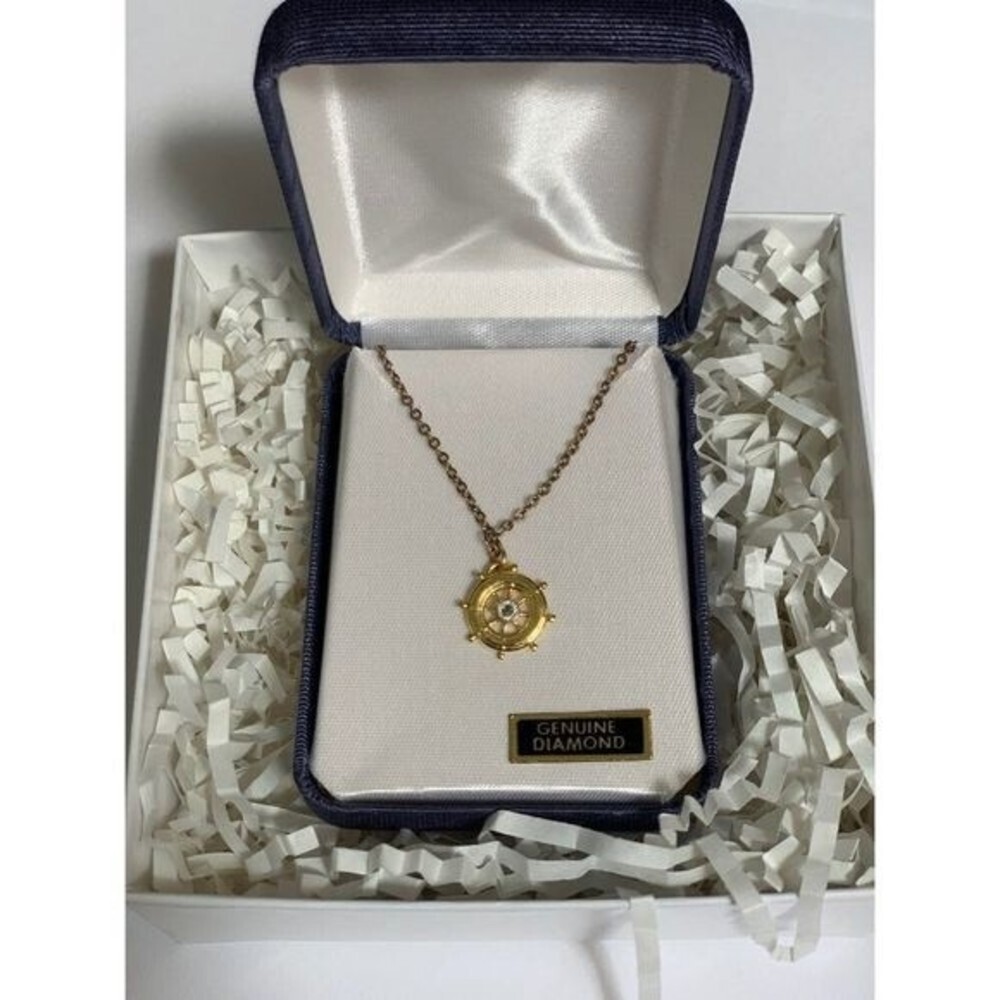 Gold Tone Ship Wheel Necklace With Genuine Diamond